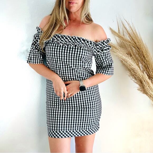 NEW VINEYARD VINES Black White Gingham Off Shoulder Ruffle Mini Tunic Dress XXS - Picture 1 of 12